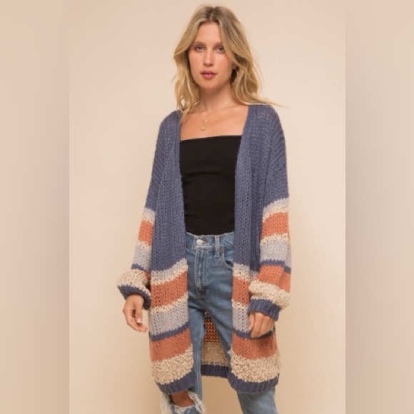 NWT Hem & Thread Stripe Bottom Cardigan Sweater Oversized Bohemian Style Fit - Picture 1 of 14